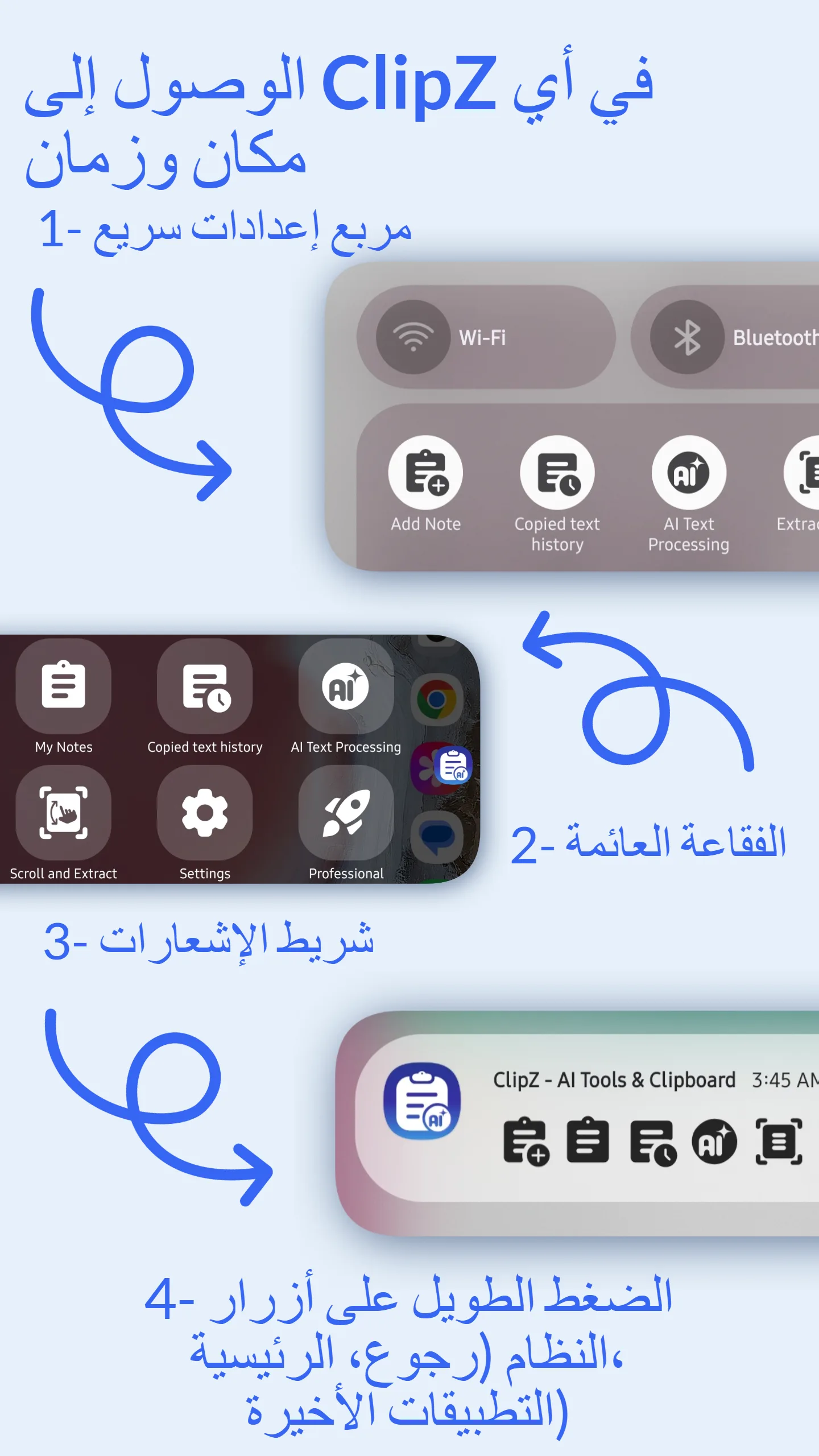 Four ClipZ clipboard access methods: Floating Bubble, Notification Panel, Quick Settings Tile, and Button Shortcuts