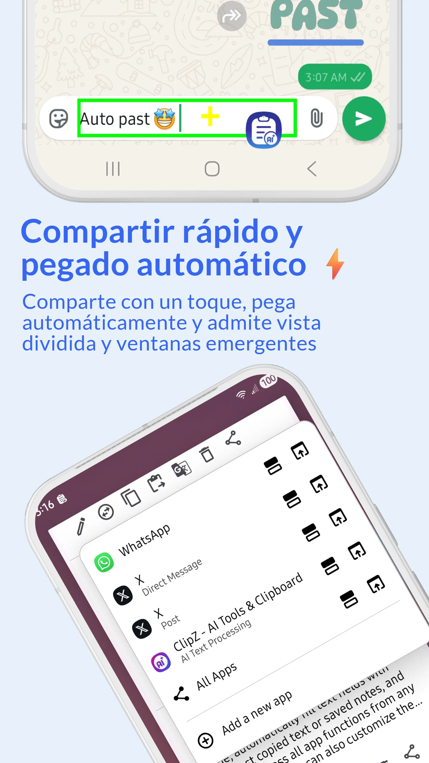 Función de Compartir Rápido de ClipZ en Pantalla Dividida y Ventana Emergente para un acceso fácil al portapapeles