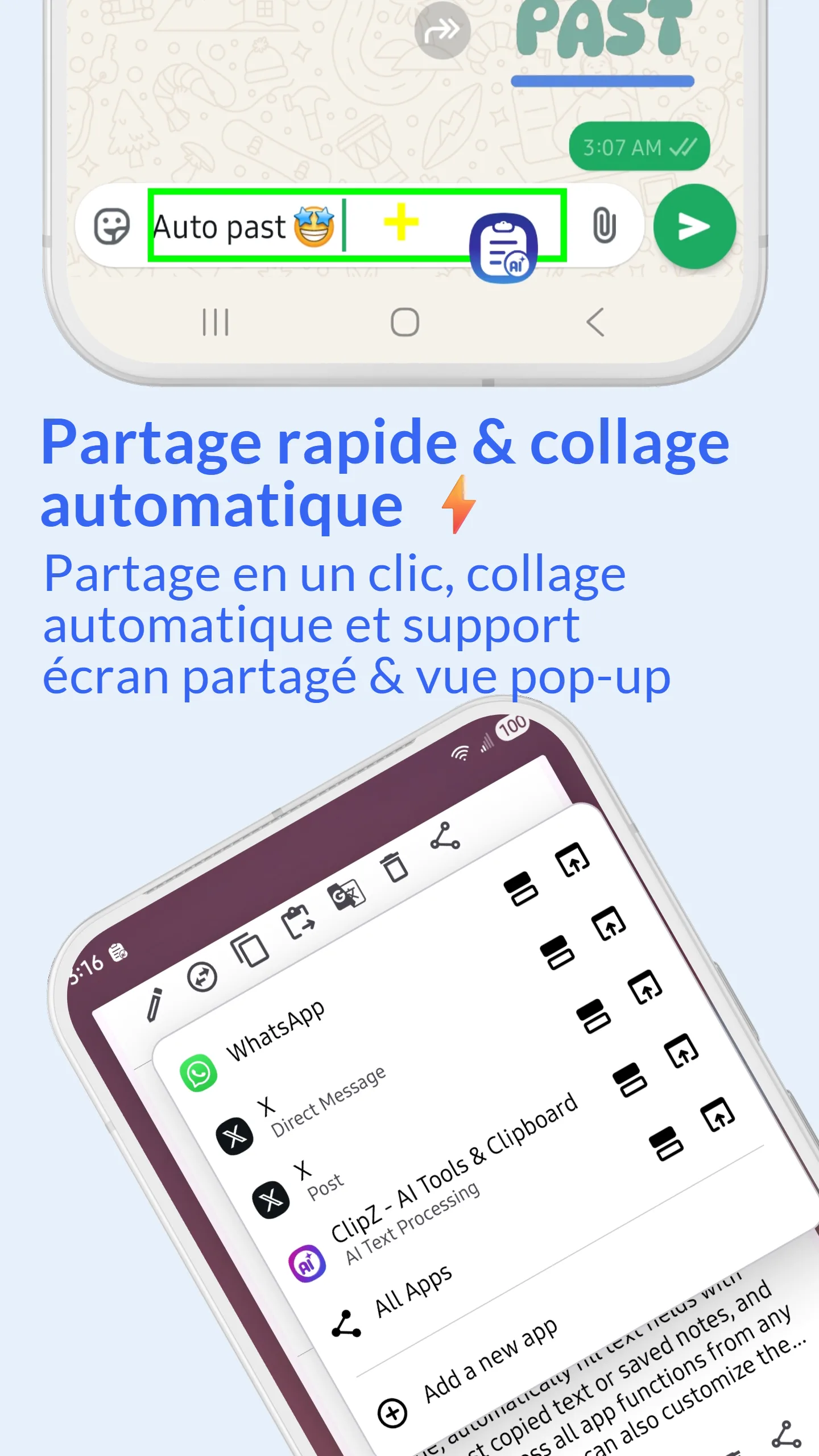 Partage en écran partagé ClipZ, Partage en fenêtre pop-up ou Partage intelligent pour un accès fluide