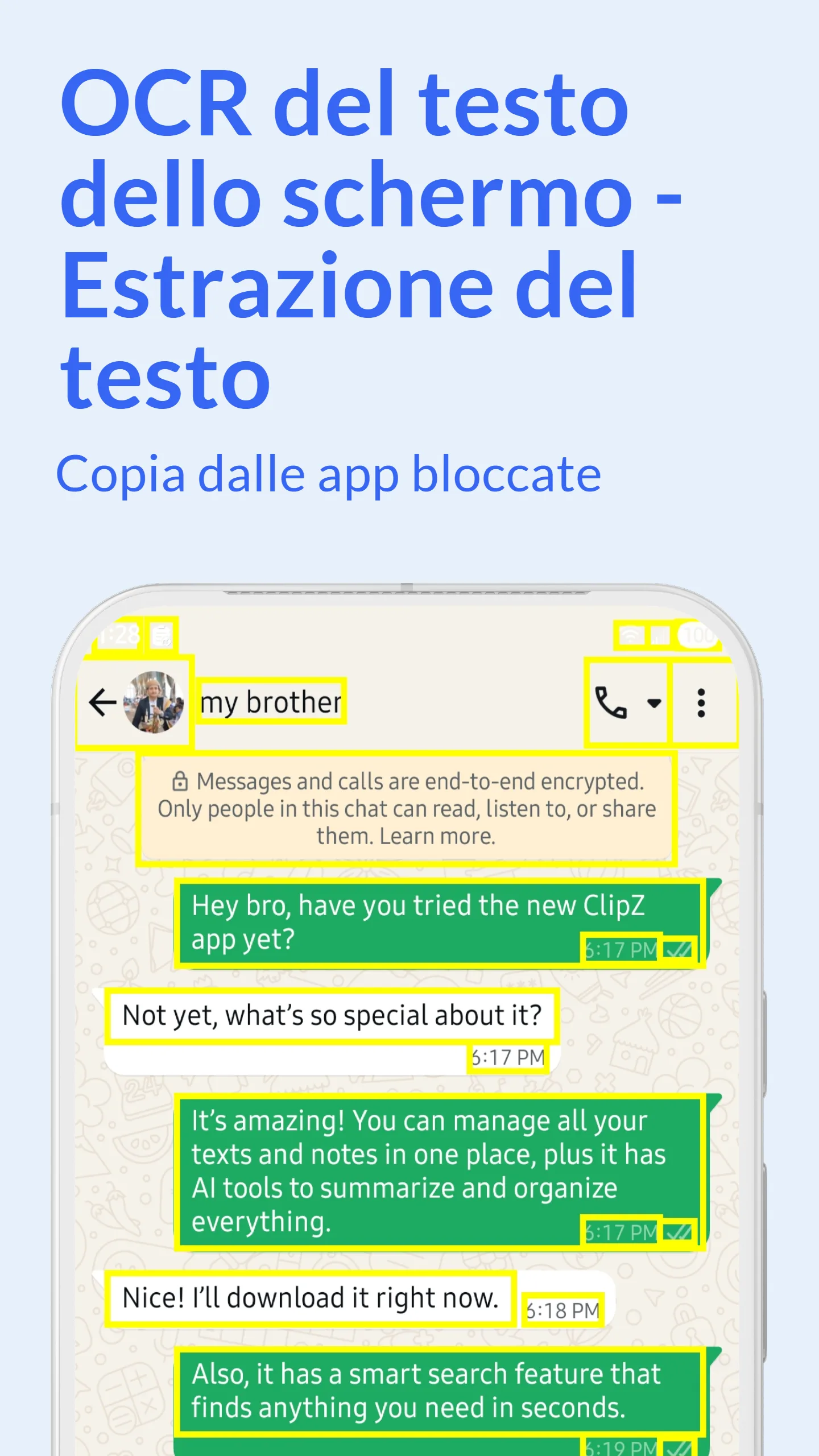 ClipZ Screen Scanner OCR che mostra l'estrazione da social media e la copia da qualsiasi app