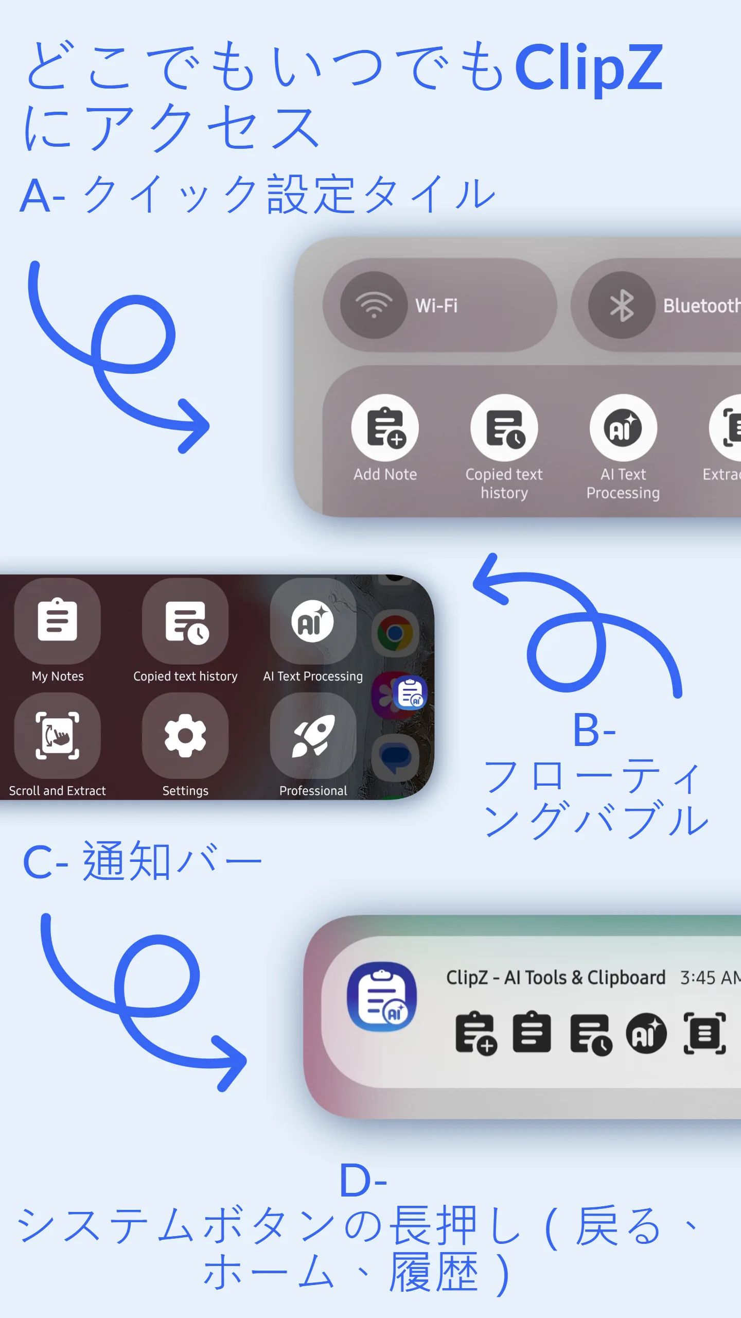 ClipZ クリップボードの4つのアクセス方法：フローティングバブル、通知パネル、クイック設定タイル、ボタンショートカット