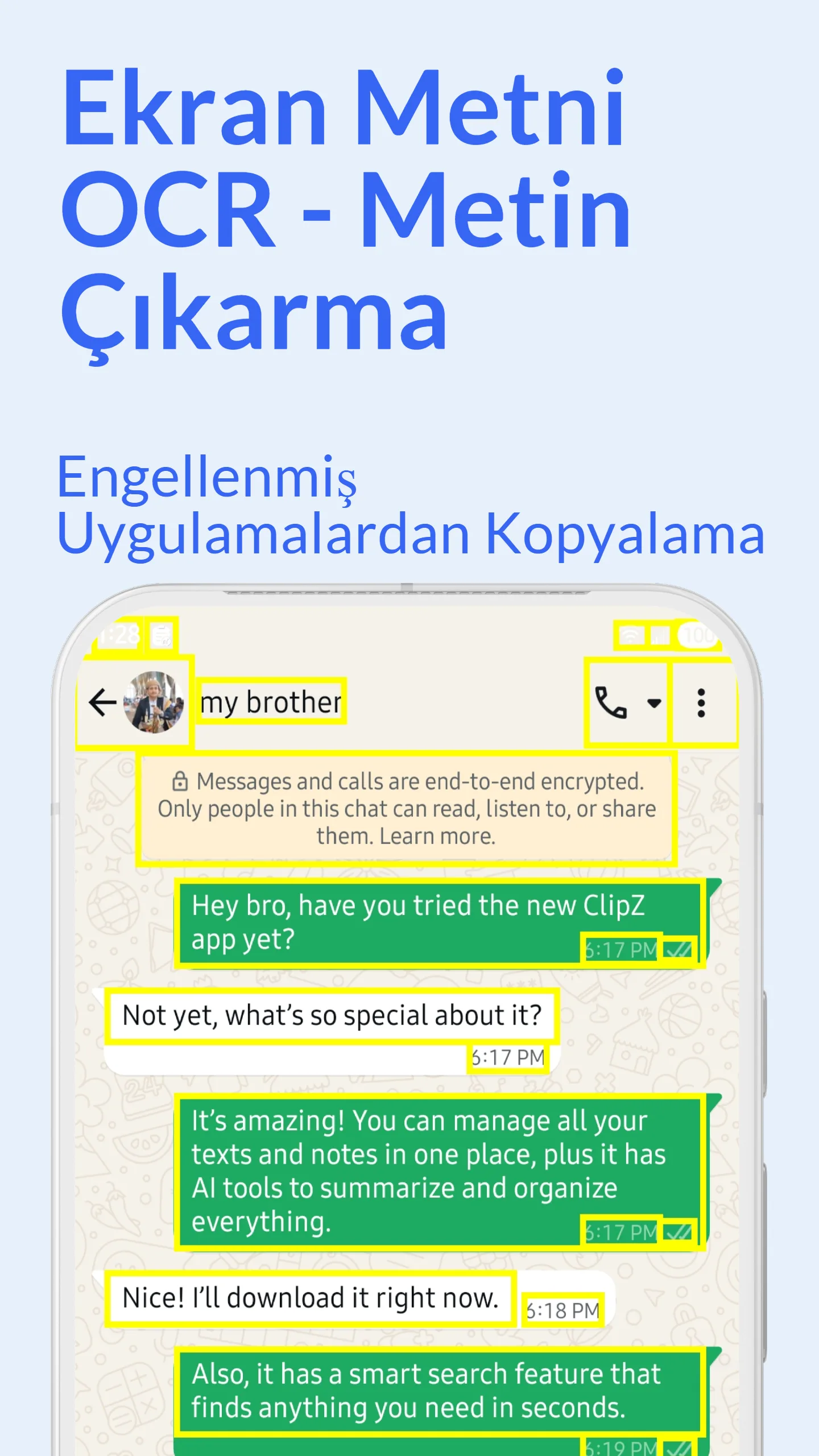 ClipZ Ekran Tarayıcı OCR, kayan baloncuk, hızlı ayarlar ve uzun basma kısayolları dahil olmak üzere erişim yöntemlerini gösteriyor